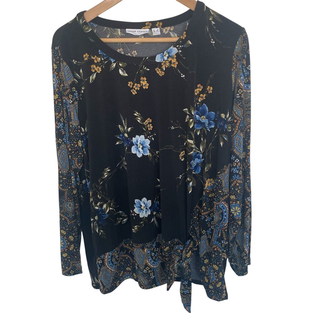 Susan Graver Womens Top Sz 1X Liquid Knit Floral Stretch Paisley Casual Black